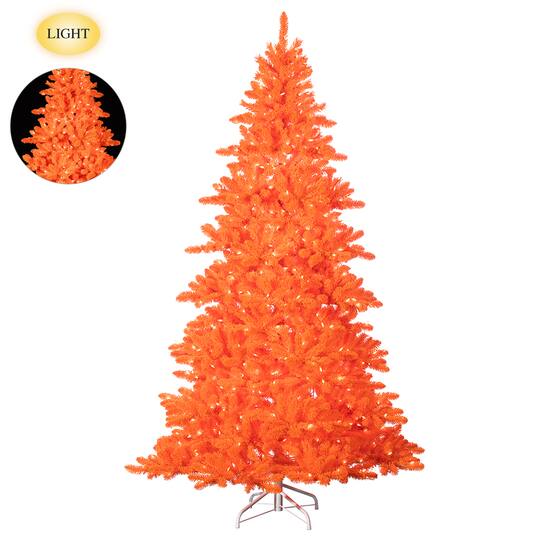 7.5ft. Orange Pre-Lit Flocked Pine Artificial Christmas Tree, LED Lights